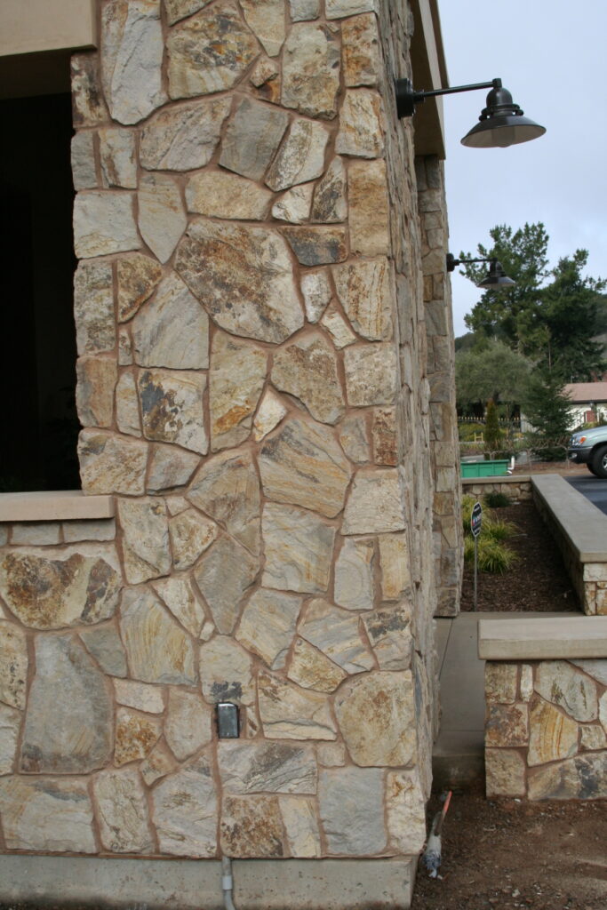 closeup of cut stone facade of a winery