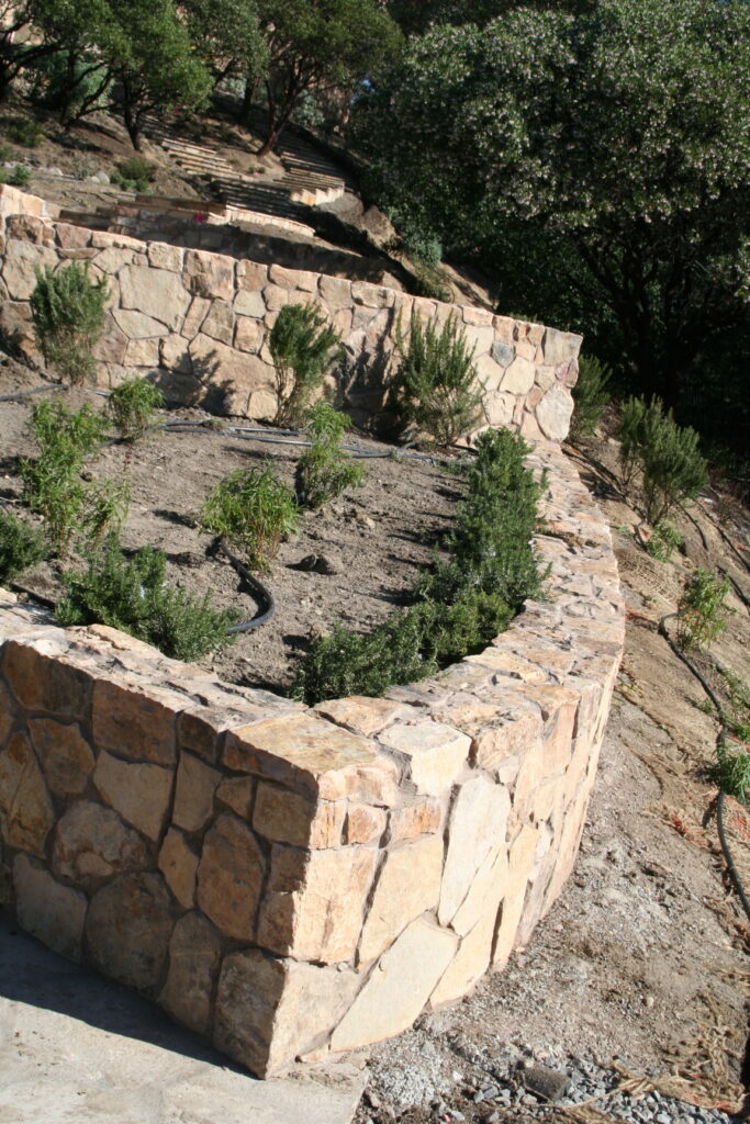 cut stone steps with single stone treads lined on either side by cut stone walls leads up a hill through a tiered garden with exposed irrigation