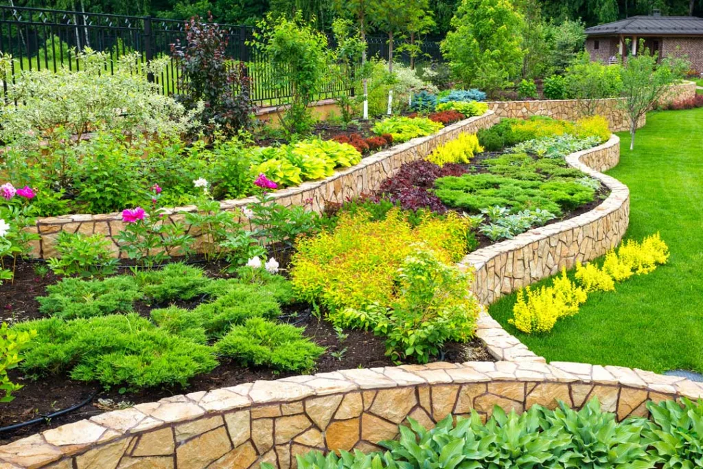 stone walls and arbors in a tiered garden