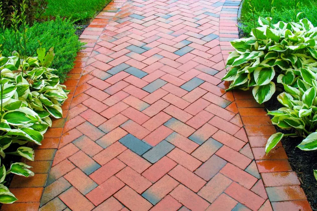 brick walkway cuts through a garden